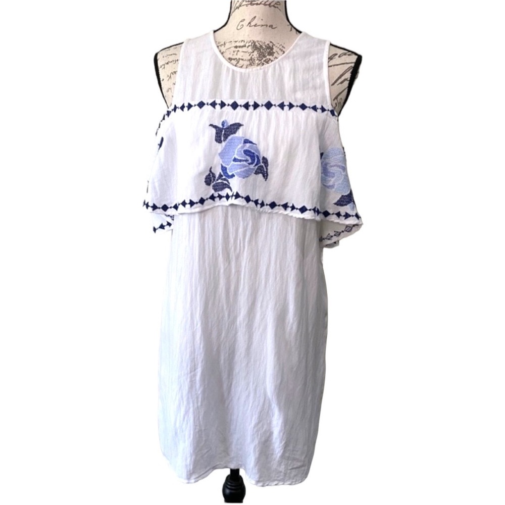 Mi‎ Ami Embroidered Sundress White Blue Floral Embroidery Dress Off Shoulder